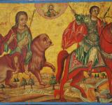 ICON OF ST. MAMAS AND ST. DEMETRIUS, 19TH CENTURY. CYPRUS, AGHIA BARBARA, AGHIA BARBARA CHURCH.